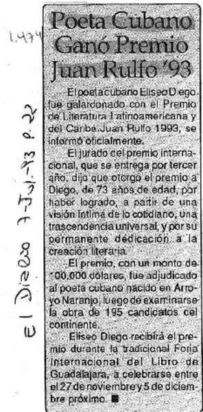 Poeta cubano ganó Premio Juan Rulfo '93.  [artículo]