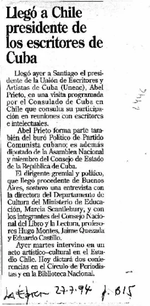 Llegó a Chile presidente de los escritores de Cuba.  [artículo]