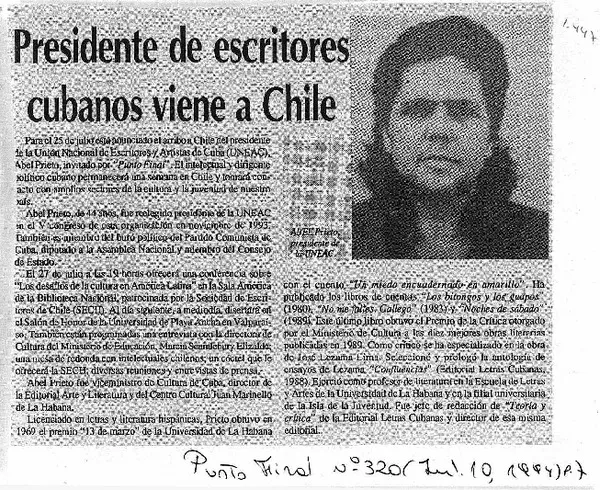 Presidente de escritores cubanos viene a Chile.  [artículo]