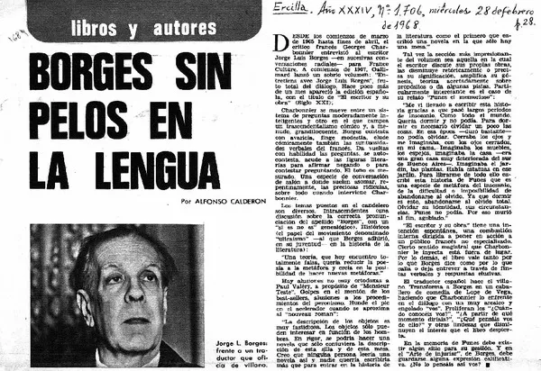 Borges sin pelos en la lengua  [artículo] Alfonso Calderón.