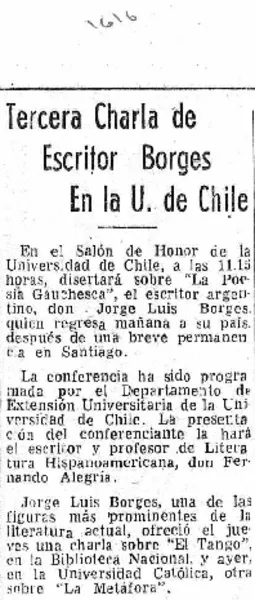 Tercera charla de escritor Borges en la U. de Chile.  [artículo]