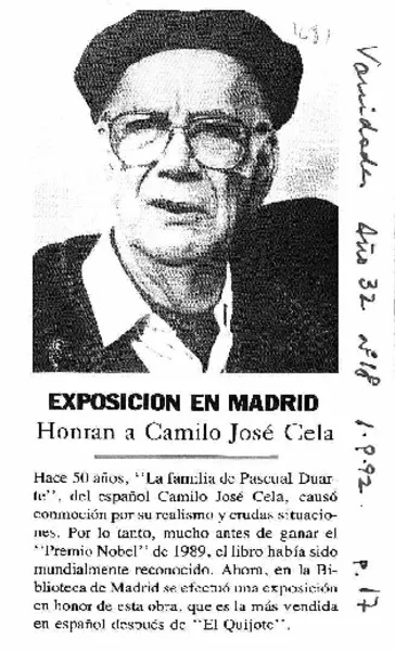 Exposición en Madrid, honran a Camilo José Cela.  [artículo]