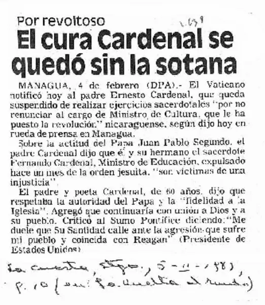 El cura Cardenal se quedó sin la sotana.  [artículo].