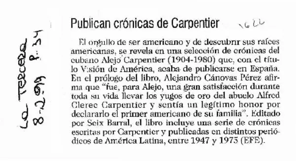 Publican crónicas de Carpentier.  [artículo]