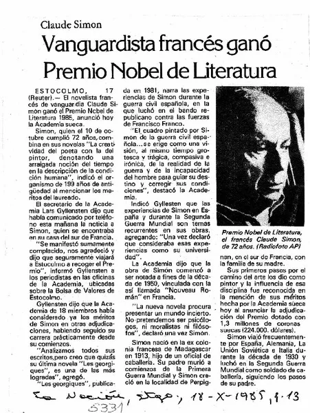 Vanguardista francés ganó Premio Nobel de Literatura.  [artículo]