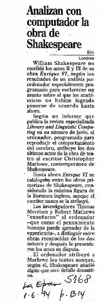 Analizan con computador la obra de Shakespeare.  [artículo]