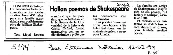 Hallan poemas de Shakespeare.  [artículo]
