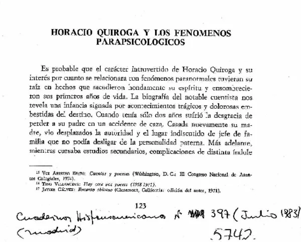 Horacio Quiroga y los fenómenos parapsicológicos.  [artículo]