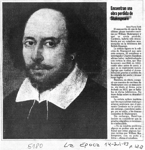 Encuentran una obra perdida de Shakespeare.  [artículo]