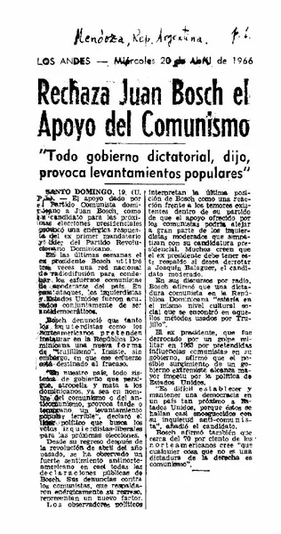 Rechaza Juan Bosch el apoyo del comunismo.  [artículo]