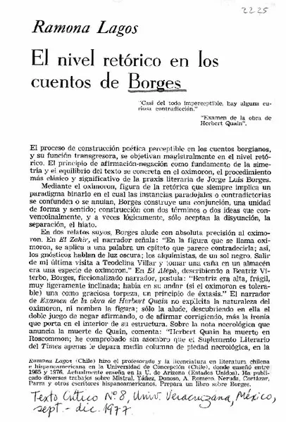 El Nivel retórico en los cuentos de Borges  [artículo] Ramona Lagos.