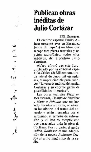 Publican obras inéditas de Julio Cortázar  [artículo]