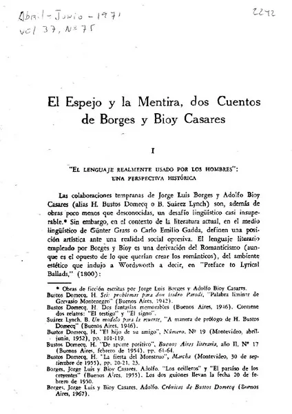 El Espejo y la mentira, dos cuentos de Borges y Bioy Casares  [artículo] Alfred Mac Adam.
