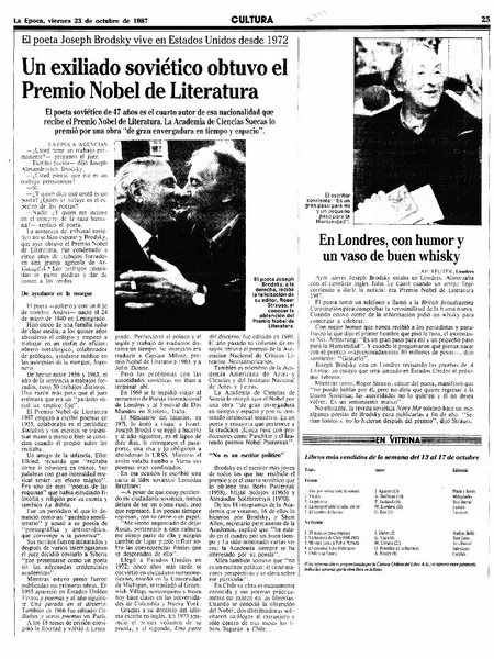 Un Exiliado soviético obtuvo el Premio Nobel de Literatura.  [artículo]