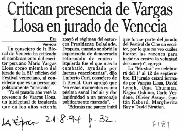 Critican presencia de Vargas Llosa en jurado de Venecia.  [artículo]
