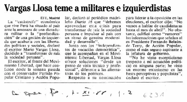 Vargas Llosa teme a militares e izquierdistas.  [artículo]