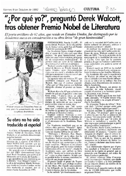 Por qué yo?", preguntó Derek Walcott, tras obtener Premio Nobel de Literatura.  [artículo]