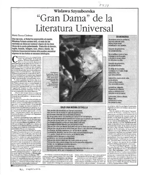 "Gran Dama" de la Literatura Universal  [artículo] María Teresa Cárdenas.