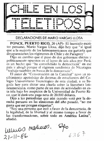 Declaraciones de Mario Vargas Llosa.  [artículo]