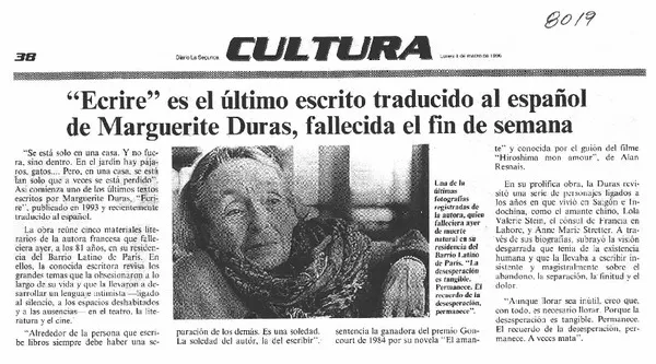 Ecrire" es el último escrito traducido al español de Marguerite Duras, fallecida el fin de semana.  [artículo]