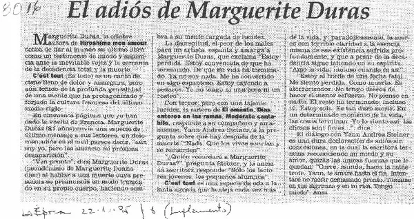 El Adiós Marguerite Duras.  [artículo]