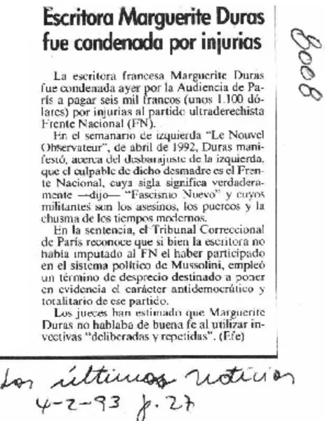 Escritora Marguerite Duras fue condenada por injurias.  [artículo]