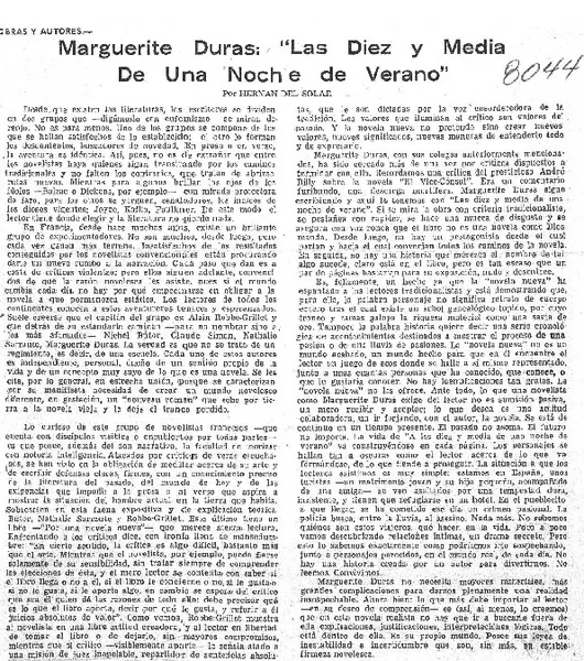Marguerite Duras: "Las diez y media de una noche de verano"  [artículo] Hernán del Solar.