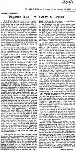 Marguerite Duras, "Los caballitos de Tarquinia"  [artículo] Hernán del Solar.