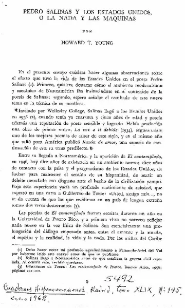 Pedro Salinas y Los Estados Unidos, o La Nada y Las Maquinas  [artículo] Howard T. Young.