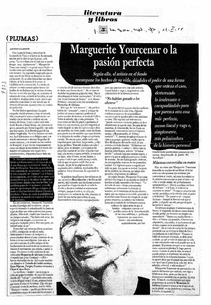 Marguerite Yourcenar o la pasión perfecta  [artículo] Alfonso Calderón.
