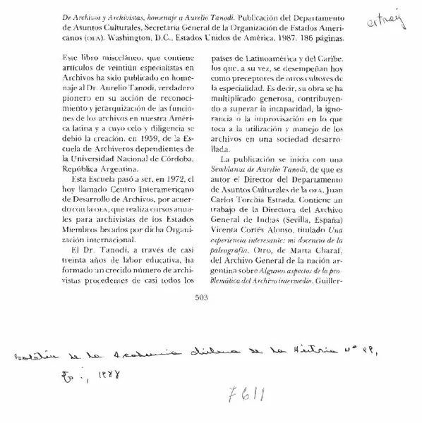 De archivos y archivistas, homenaje a Aurelio Tanodi  [artículo] Sergio Martínez Baeza.