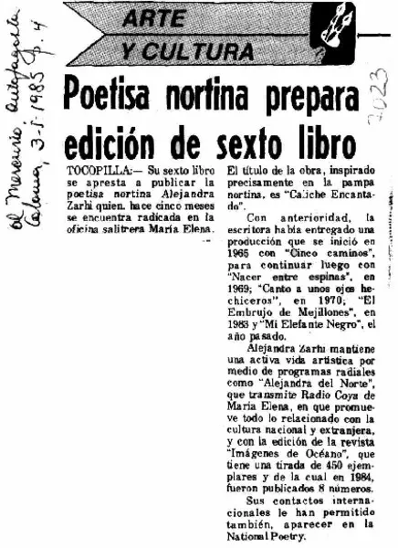 Poetisa nortina prepara edición de sexto libro.  [artículo]