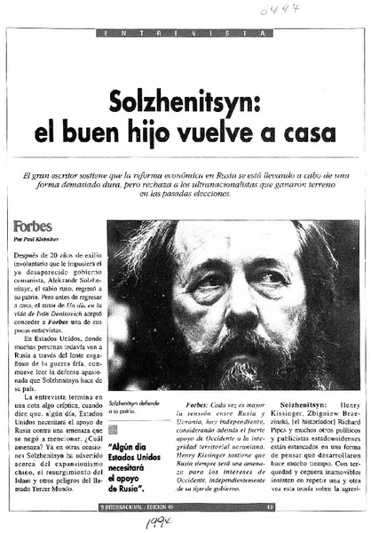 Solhenitsyn : el buen hijo vuelve a casa  [artículo] Paul Klevnikov.