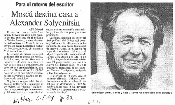 Moscú destina casa a Alexander Solyenitsin  [artículo]