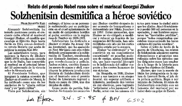 Solzhenitsin desmitifica a héroe soviético  [artículo] Pilar Bonet.