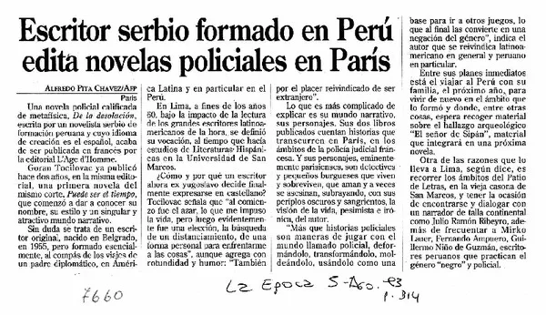 Escritor serbio formado en Perú edita novelas policiales en París  [artículo] Alfredo Pita Chavez.