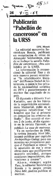 Publicarán "Pabellón de cancerosos" en la URSS  [artículo]