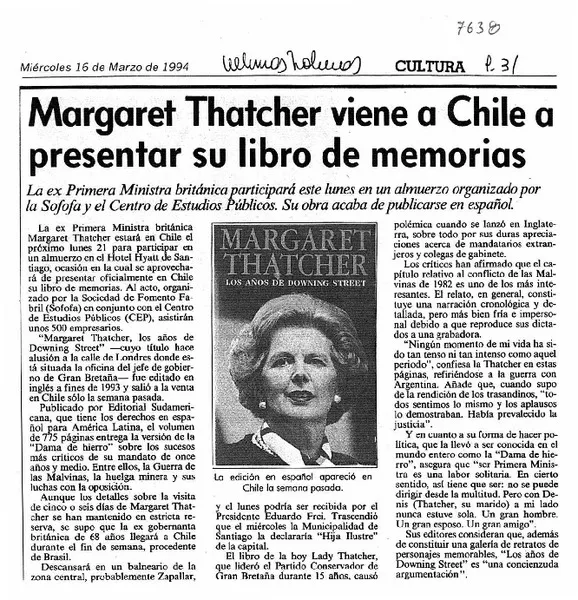 Margaret Thatcher viene a Chile a presentar su libro de memorias.  [artículo]