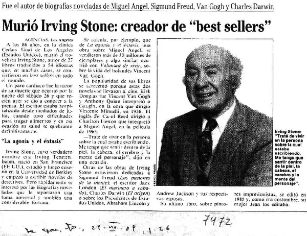 Murió Irving Stone: creador de "best sellers".  [artículo]
