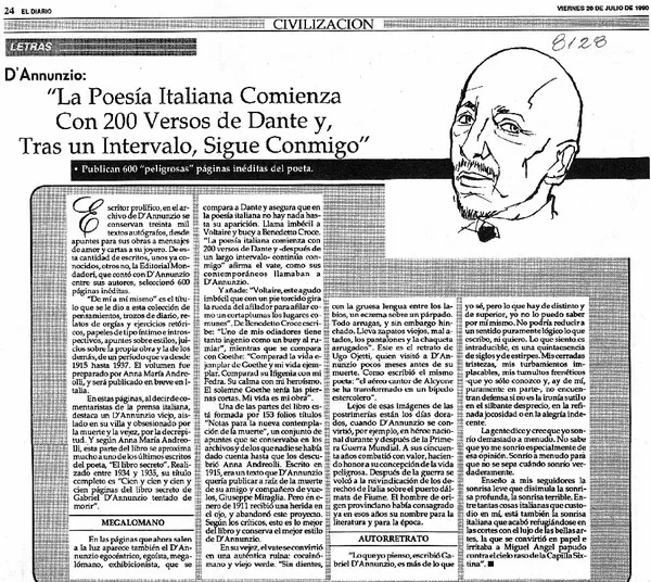 La Poesía italiana comienza con 200 versos de Dante y, tras un intervalo, sigue conmigo".  [artículo]
