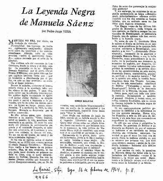 La Leyenda negra de Manuela Sáenz  [artículo] Pedro Jorge Vera.