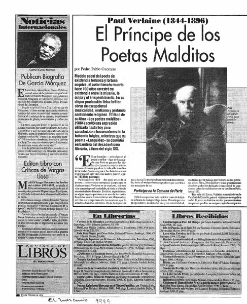 Paul Verlaine (1844-1896). El Príncipe de los poetas malditos  [artículo] Pedro Pablo Guerrero.