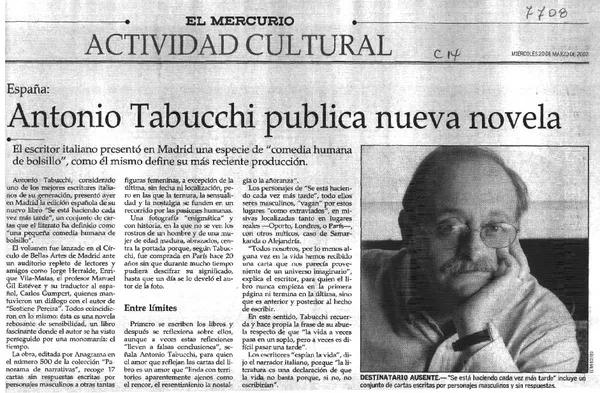 Antonio Tacucchi publica nueva novela.  [artículo].