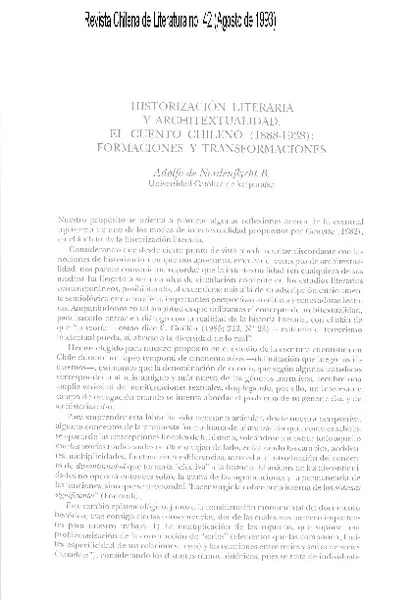 Historización literaria y architextualidad, el cuento chileno (1888-1938), formaciones y transformaciones  [artículo] Adolfo de Nordenflycht B.