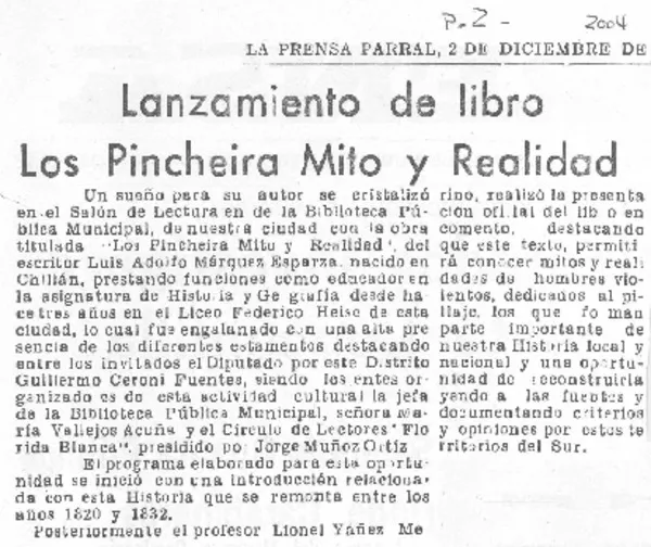 Lanzamiento de libro Los Pincheira, mito y realidad  [artículo]