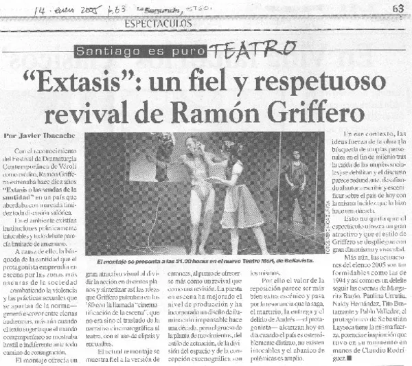 "Éxtasis". un fiel y respetuoso revival de Ramón Griffero  [artículo] Javier Ibacache.