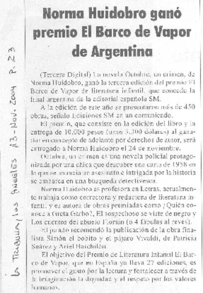 Norma Huidobro ganó premio El Barco de vapor de Argentina  [artículo]