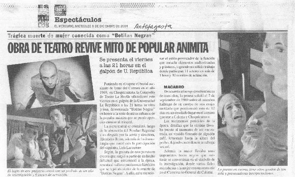 Obra de teatro revive mito de popular animita  [artículo]