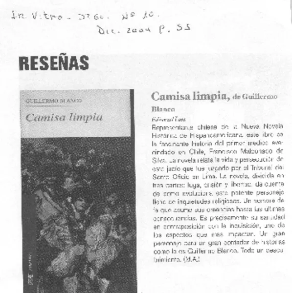 Camisa limpia de Guillermo Blanco  [artículo] M.A.