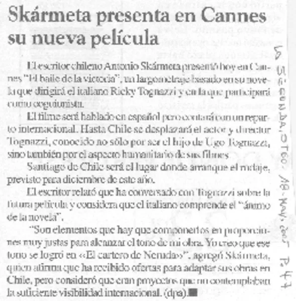 Skármeta presenta en Cannes su nueva película  [artículo]